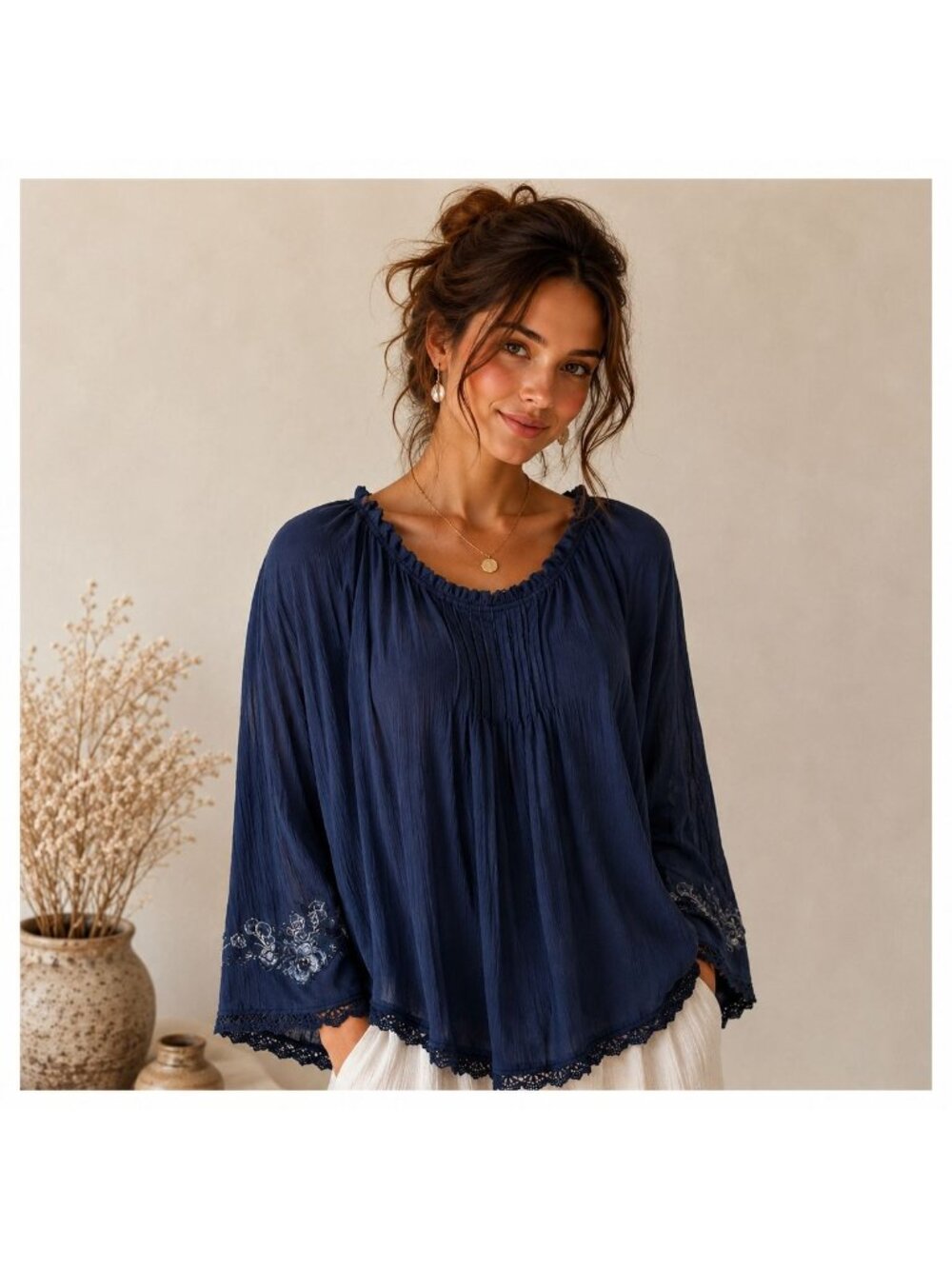 Time & Tru Romantic Boho Bell Sleeve Peasant Blouse Lace Trim Embroidery Size M - Picture 2 of 11